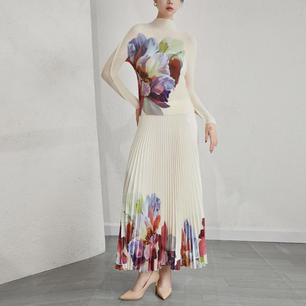 Women's Pleated Floral Two-Piece: Stand Collar Long Sleeve T-Shirt and Skirt