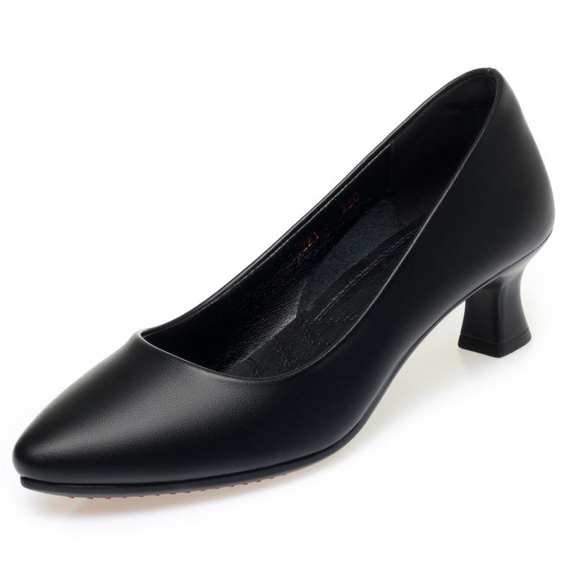 Stewardess Work Shoes Women's Black Leather Shoes Small Heel Professional Business Tooling Dress Medium Heel Interview Women's Shoes