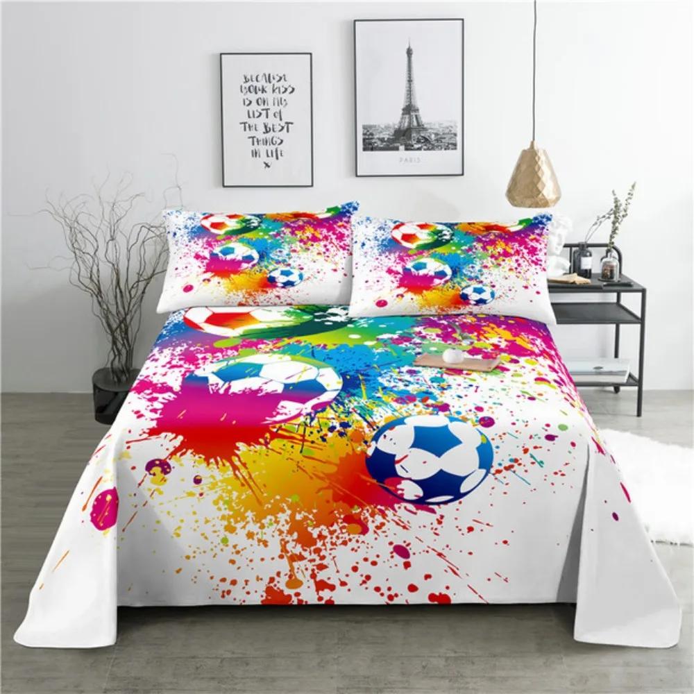Set Cearșaf de Pat Fotbal Desene Animate Imprimeu Digital Poliester Cearșaf Plat și Față de Pernă 2/3 buc Lenjerie de Pat pentru Băieți Adolescenți Copil