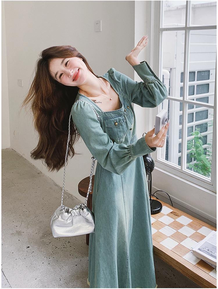 Hepburn-Style Denim Shirt Dress for Women - Spring/Autumn 2024 Retro Waist Design