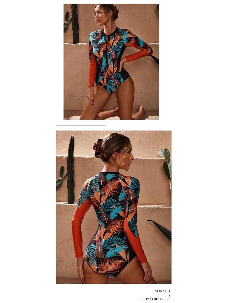 2023 Women's European & American Style Print Zipper Surfing Swimsuit