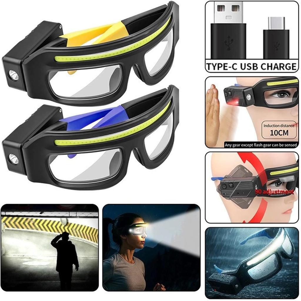 LED Safety Glasses with Lights - USB-C Rechargeable Headlamp Eyewear (Motion Sensor & Touch Control), 5 Modes Hands