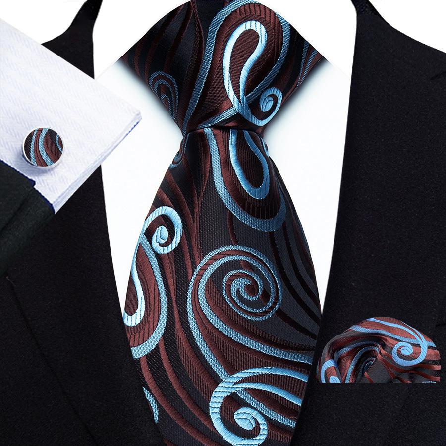 Men s Ties Handkerchief Cufflinks Set Tuxedo Accessories Luxury Brown Stripes Dot Floral Neckties For Party Dinner Wedding