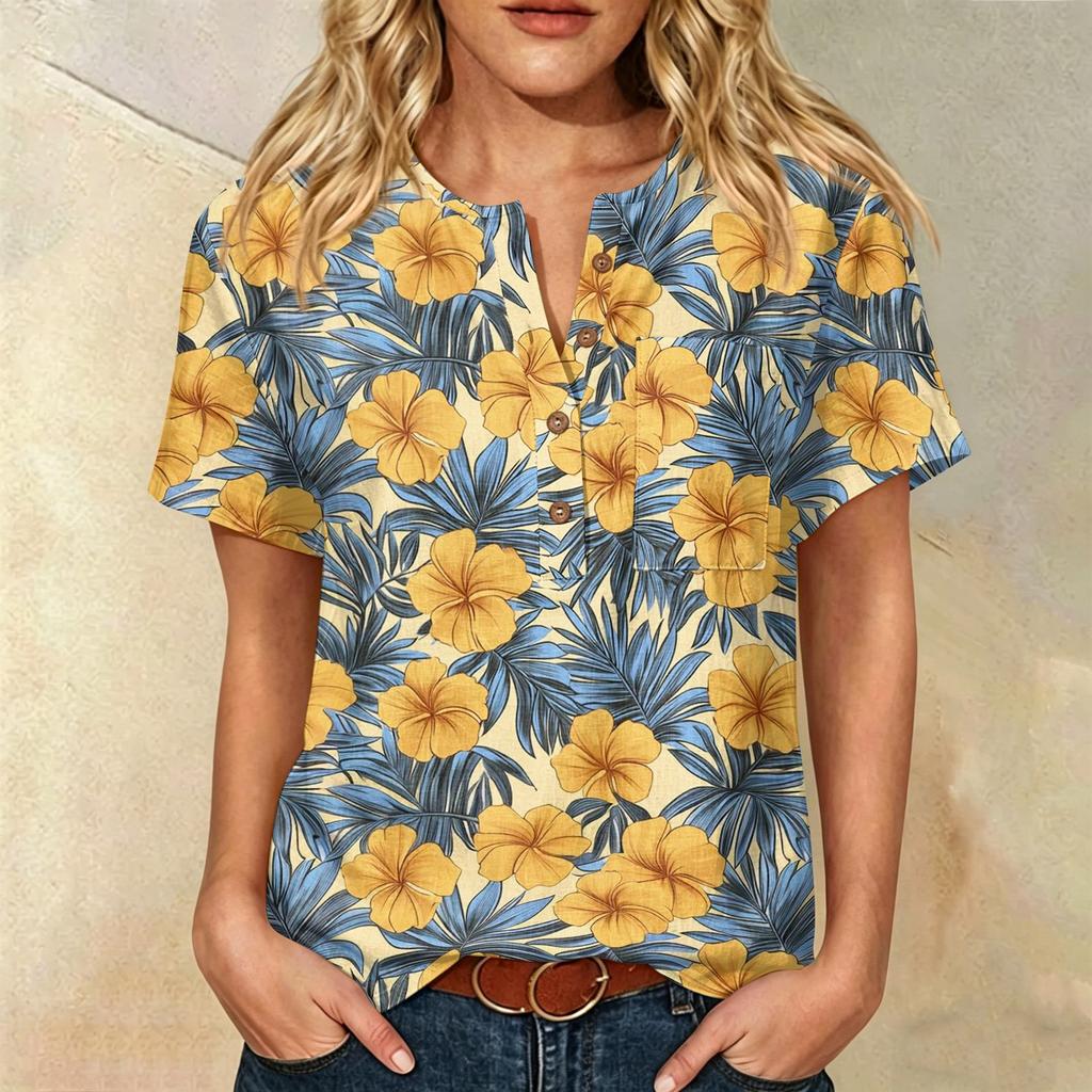 Damen Kurzarm Hemd aus Leinen-Baumwollmischung Henley Knopfleiste Brusttasche Blumendruck Lässiges Sommer Top