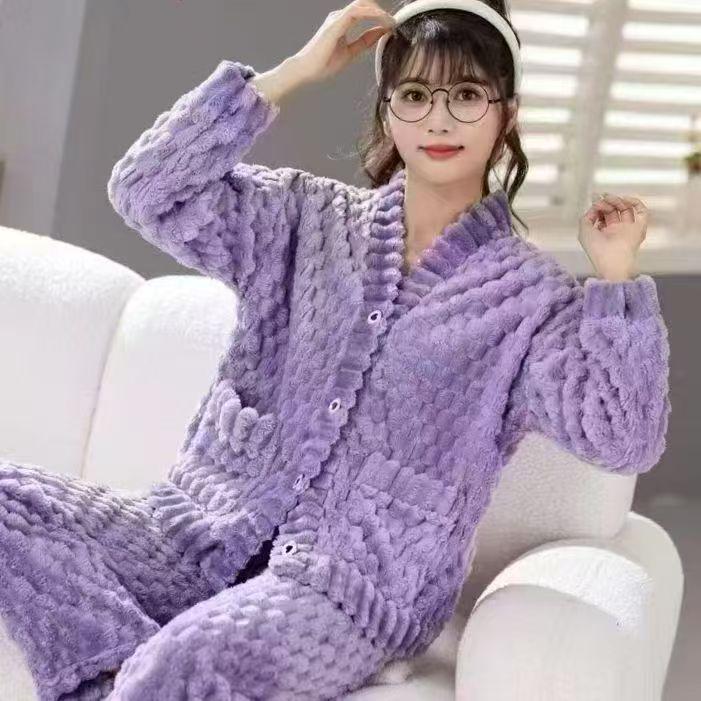 2026 Bestselling Women's Coral Fleece Pajama Set: Warm V-neck In Purple, Autumn/Winter Fashion 2024.