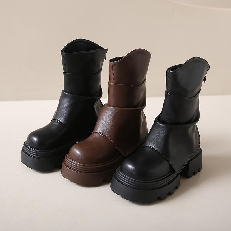 Fashion Women Fashion Mid Calf Thick Boots Splicing Pleated Designer Winter 2025 Trend Vintage Women Shoes Leather Punk Modern Boots