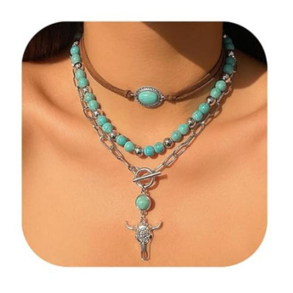 Evropský a americký retro imitace tyrkysu hlava krávy klíční kost exotický etnický styl kaktus kovbojský klobouk vrstvený s korálkovým náhrdelníkem