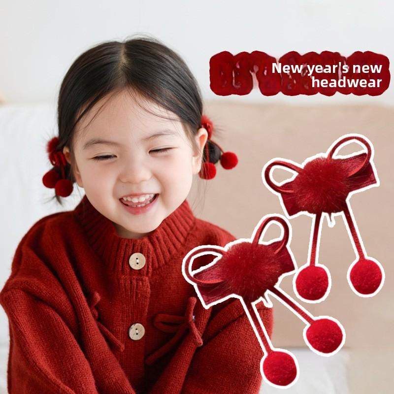 New Year Red Pom-pom Bow Hair Clips, Cute Princess Hair Accessories for Baby Girls, Festive Hair Barrettes for Toddlers