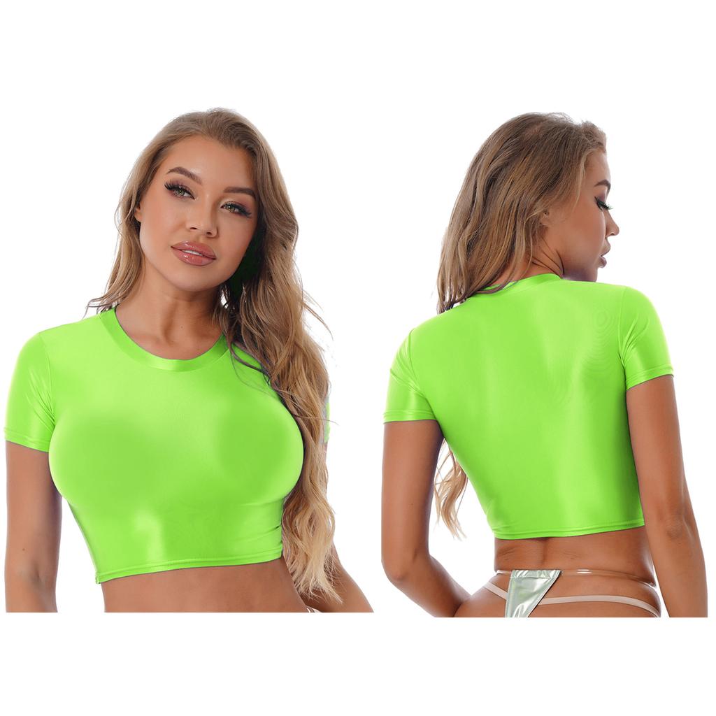 Women Crop Top Tee Short Sleeve Round Neck Slim Fit Solid Color Sportswear Yoga Running Shirt