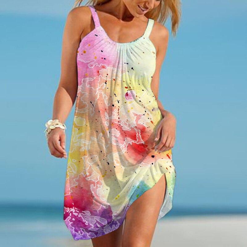 Rochii de vară de plajă pentru femei, cu talie lejeră, fără mâneci, cu guler rotund, modă, rochie cu imprimeu digital 3D, A-line, tip furou 25705