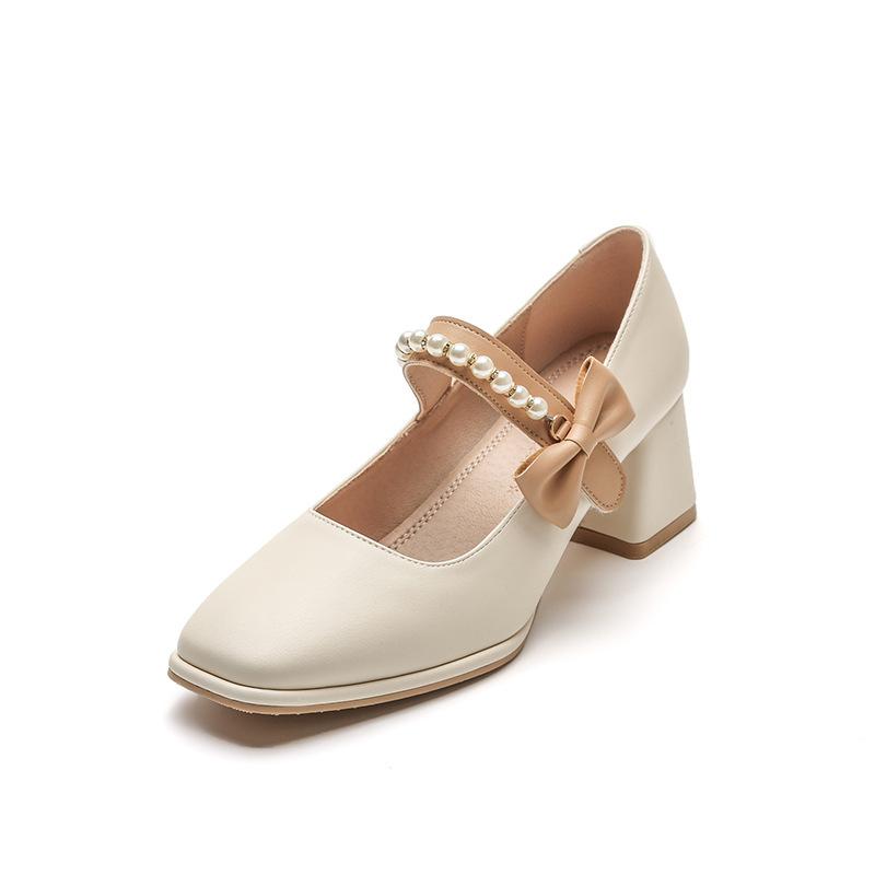 

Leather flat for Huizhou women s shoes Su Yinyin same thick heel single shoes Korean version spring new high heels women 34 абрикосовый