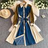 Schnürung Hohe Taille Damen 2026 Kleider Patchwork Denim Kleider Revers Langarmkleid Femininos Französischer Stil Kleidung