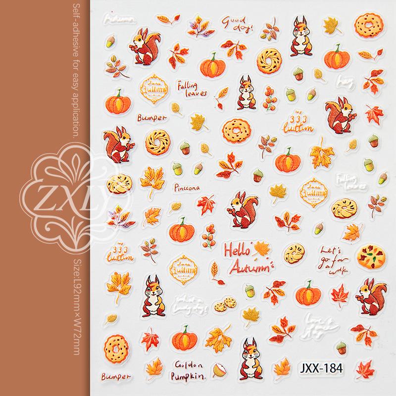 Autumn Squirrel Cartoon 5D Nail Art Stickers | Cute Embossed Nail Decorations