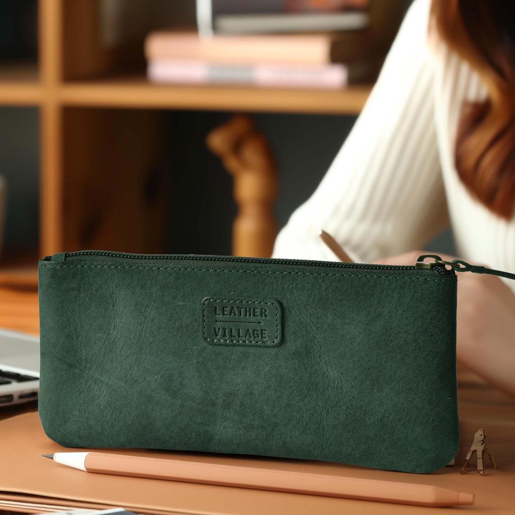 LEATHER VILLAGE Leather Pencil Pouch Pen Case Turquoise Color 20X10cm Double Pocket Elegant and Practical Zipper Pouch Holder for Men and Women - - -