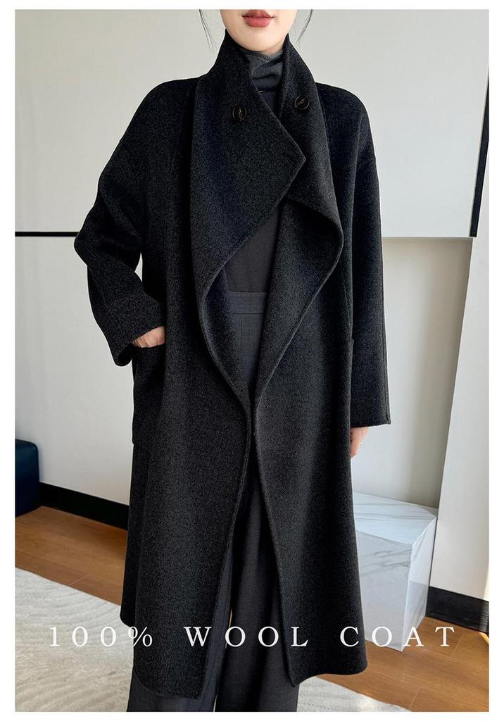 Elegant Mid-Length Velvet Wool Coat - Women's Korean Style Loose Fit with Stand Collar