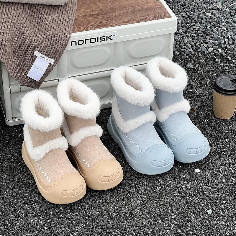 Fur integrated thick-soled snow boots women's new winter plush warm short tube big-headed fluffy cotton boots