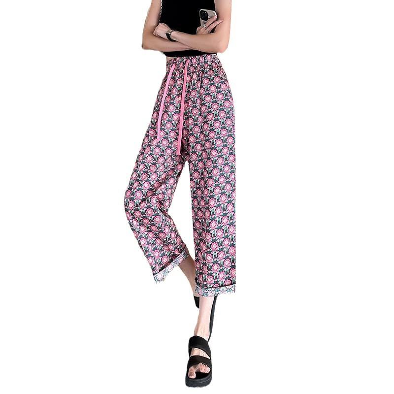 Summertime New Flower Pants High Waist Wide Leg Pants Nine-point Mosquito-proof Informal Pants