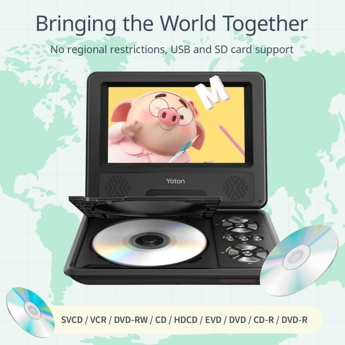 Lecteur DVD Portable - YOTON - 7,5 pouces - Écran pivotant HD - Autonomie 4-6 heures - Prise casque 3,5 mm