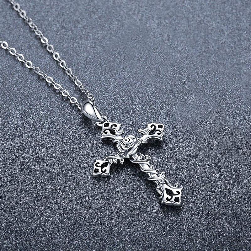 Flower Cross Pendant Necklace Female Daily Wearable Jewelry Fashion Lady Delicate Versatile Silver Color Accessories Gift