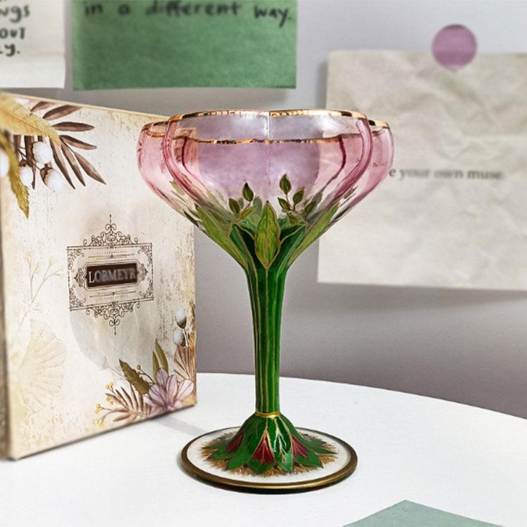 Retro Decal Design Glass Goblets for Ice Cream Champagne Glass Goblet Hand Painted Vintage Flower 301-400ml