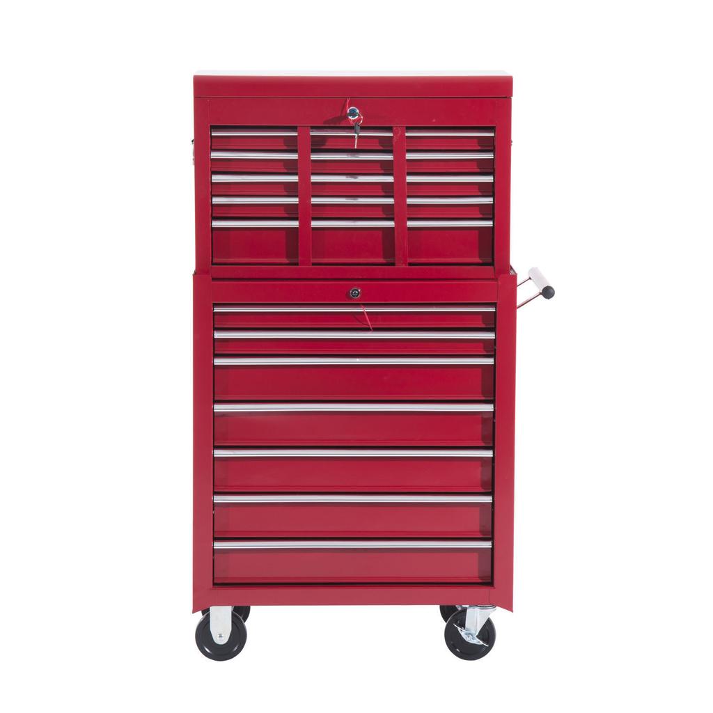 Workshop Trolley with Tool Box, Empty Lockable Tool Cart with Drawers, Tool Compartment, Keys and Non-Slip Mats, Red