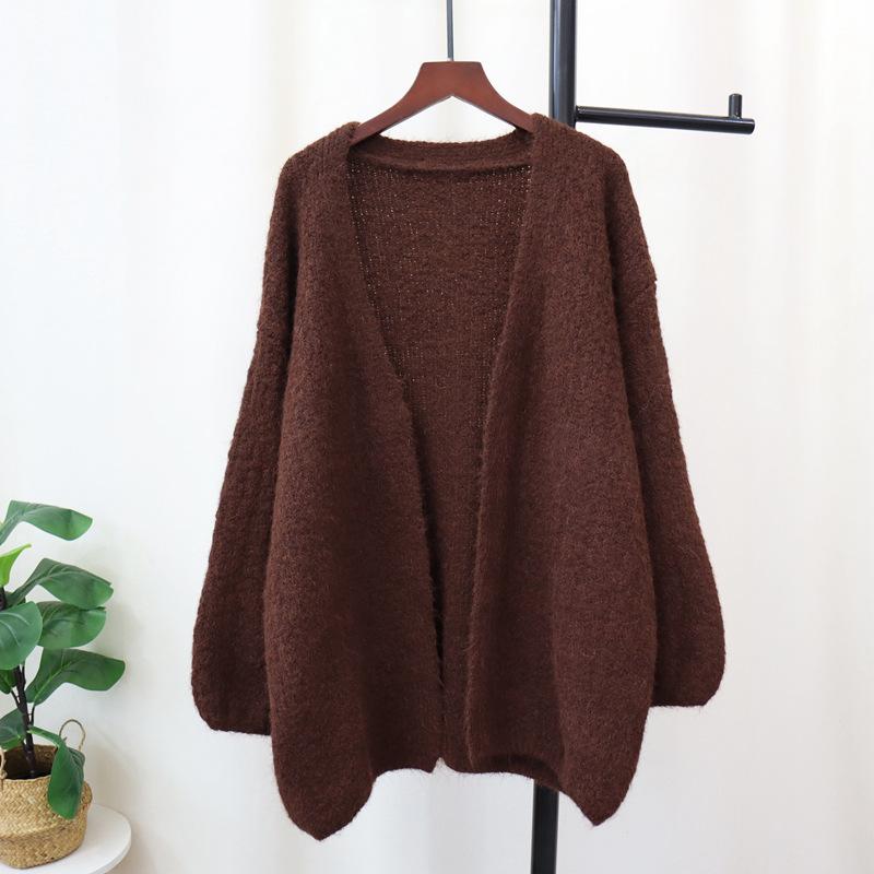 Autumn and Winter New Loose Soft Waxy Solid Color Lantern Sleeve Knitted Cardigan Lazy Wind Sweater Jacket Women
