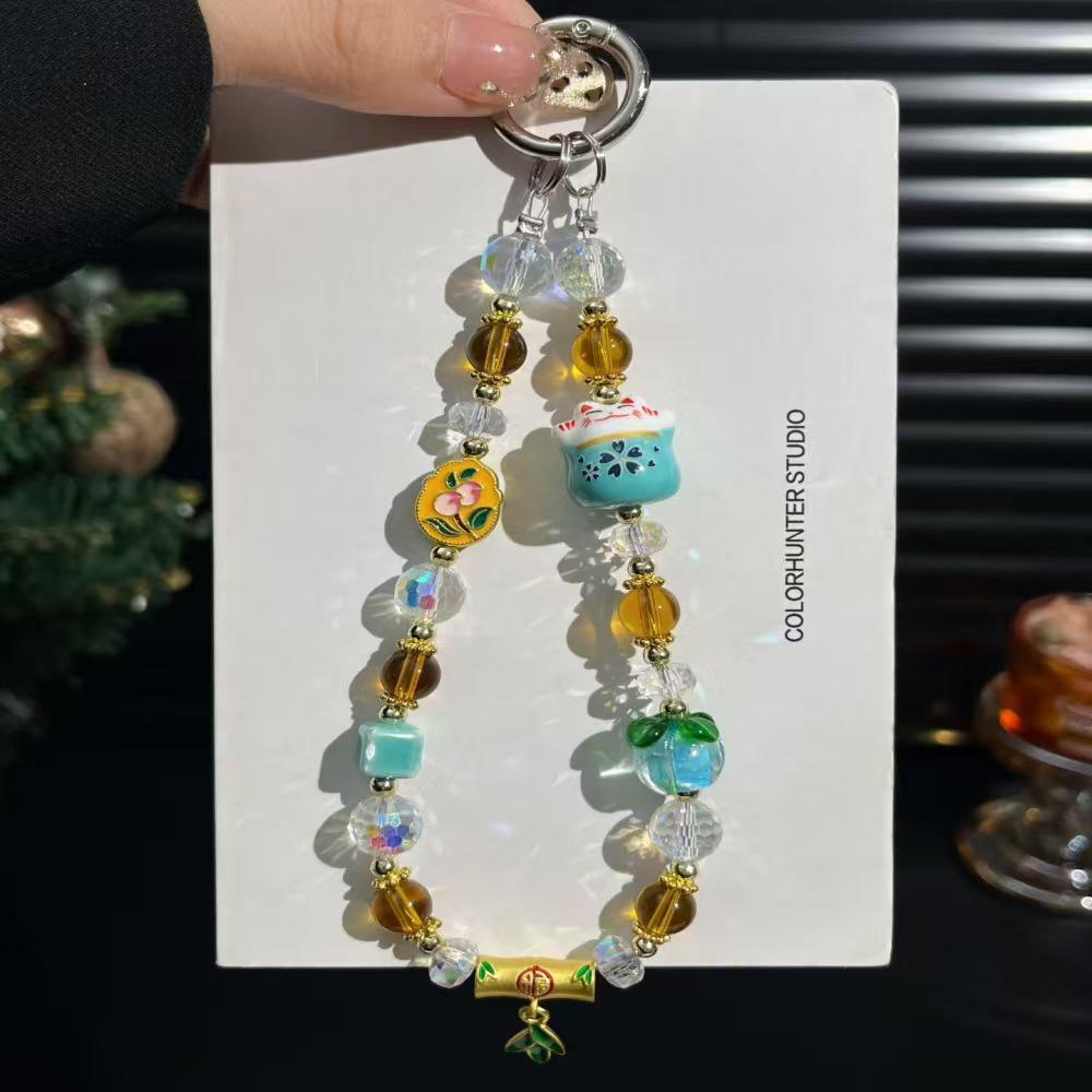 New Lucky Cat Persimmon Mobile Phone Lanyard: Chinese Style Glazed Crystal Charm for Phones, Bags, and Keyrings