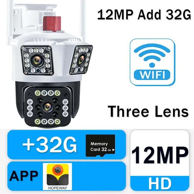 WiFi IP 12MP 6K Three Lens 8X Zoom Surveillance AI Tracking Protection Outdoor Security Camera CCTV Cam