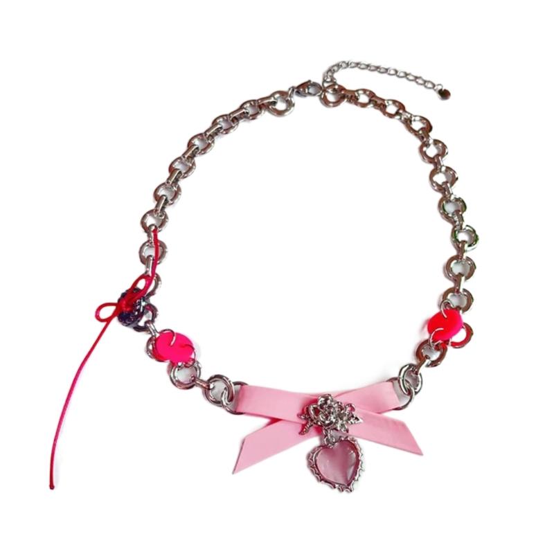 

Gothic Y2K Heart Bowknot Pendant Neck Chain Fashionable Collar Chain Adjustable Choker Necklace Spliced Clavicular Chain 1