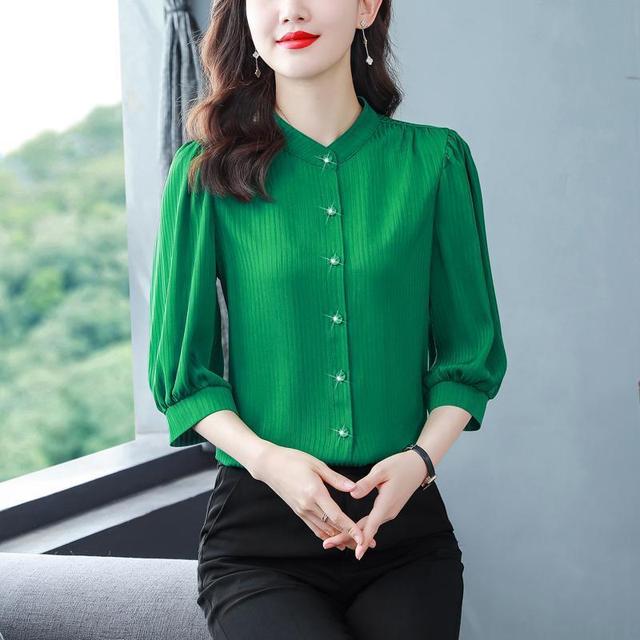 New Women's White Shirt Spring Autumn 3/4 Sleeve Striped Top Summer Loose Reducing Age Puff Sleeve Bottoming Blouse S-4XL