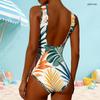 Women Plus Size High Round Neck Sleeveless Tropical Leaf Printed One Piece Swimsuit