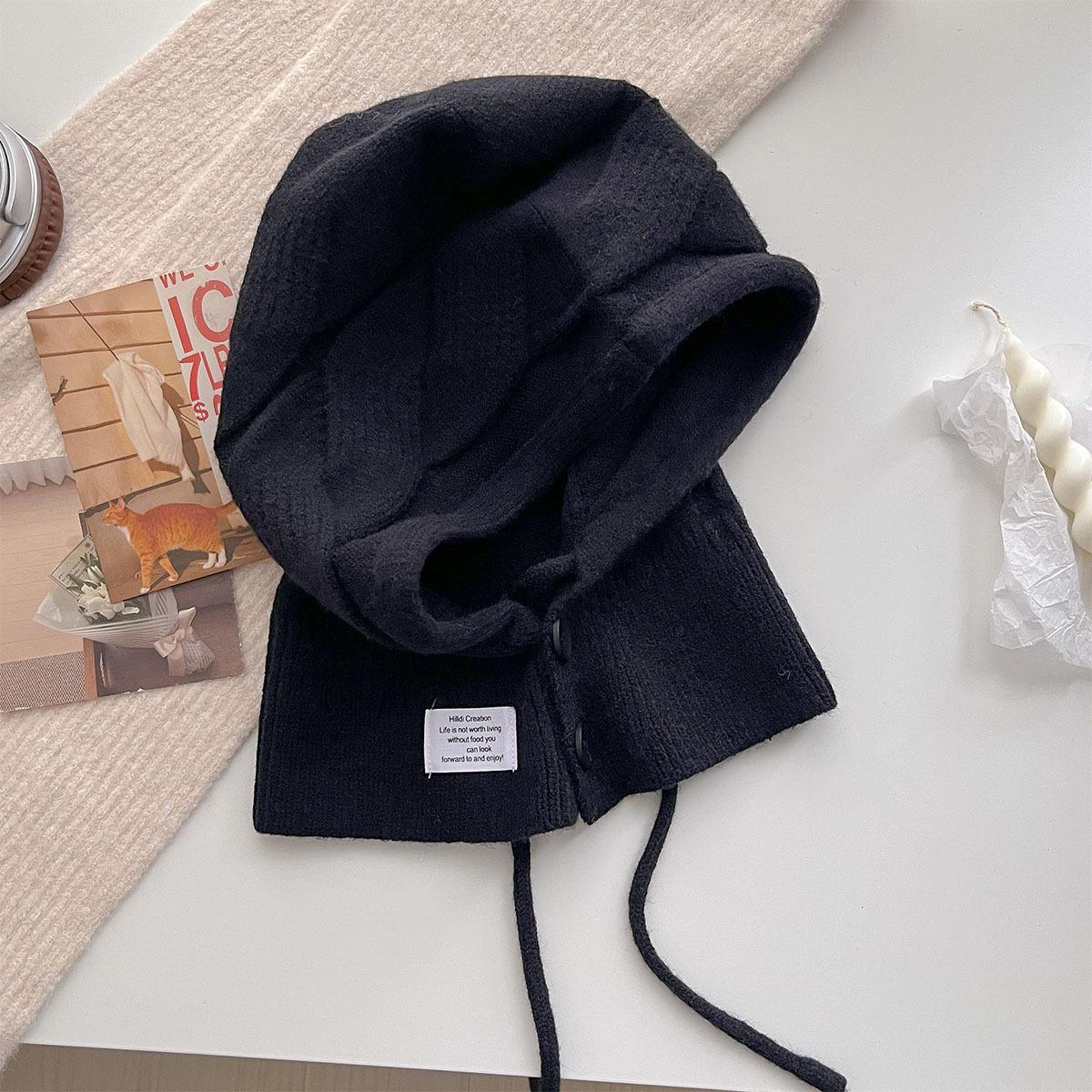 

Soft Solid Balaclava Beanie Winter Women Warm Knit Hat Pile Caps Button Ear Protection Tie Pullover Hat Gift One Size