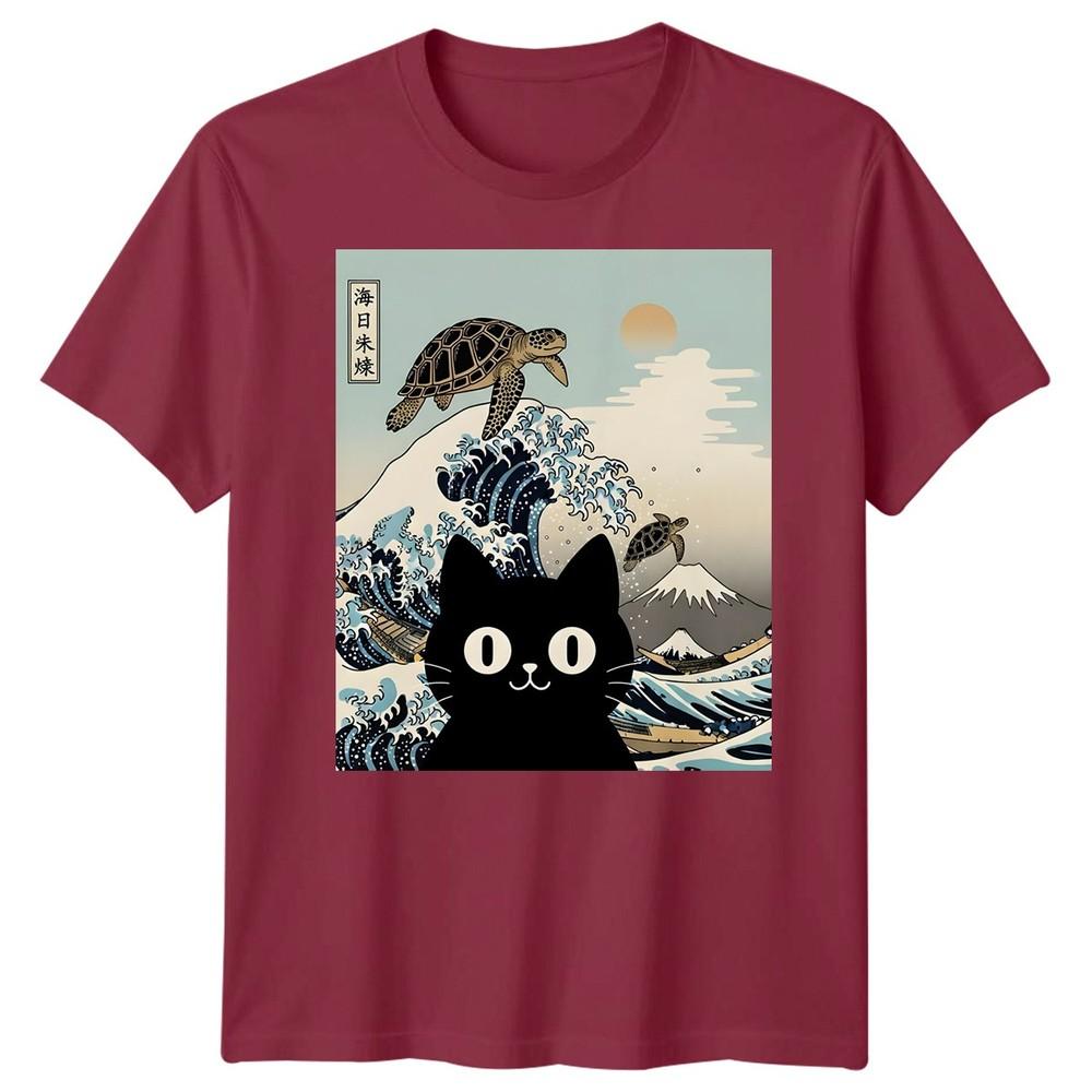 Black Cat Sea Turtle Kai Nichi Bei Yaki Japanese Art Ukiyoe Style Graphic Tee