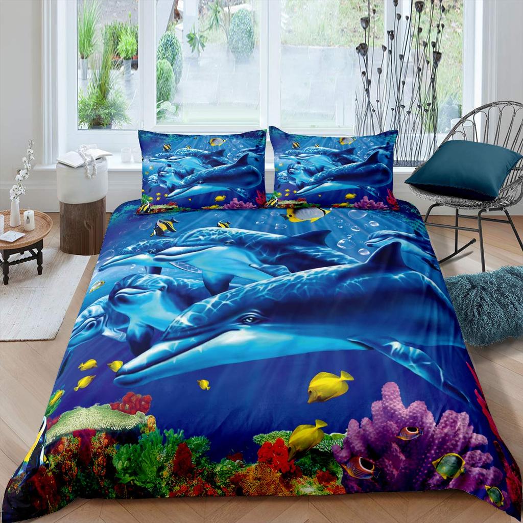 Kid Dolphin Duvet Cover Set King Size Cute Dolphin Marine Life Comforter Cover Microfiber Blue Wave Decor Quilt Cover For Teens