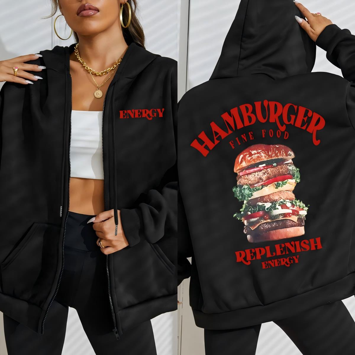 

Худи на молнии с принтом Hamburger Fine Food Replenish Energy Женские Осенние Уличная одежда Флисовое Худи Повседневный Топ Оверсайз S