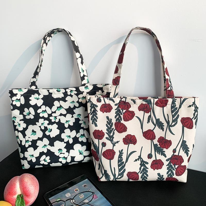 Floral Print Portable Polyester Hand Carry Lunch Tote Bag