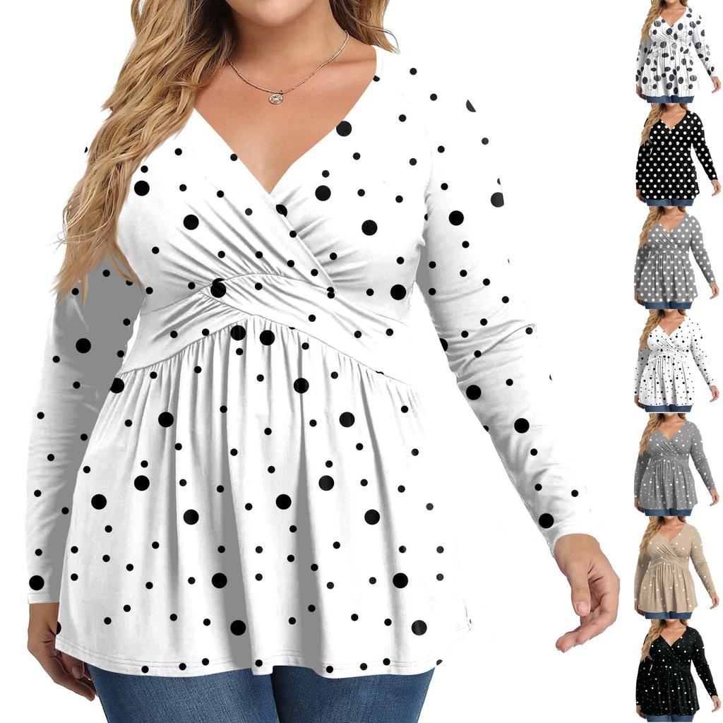 Women's Plus Size Shirt Long Sleeve  Print Top Pleated Casual V-Neck Top