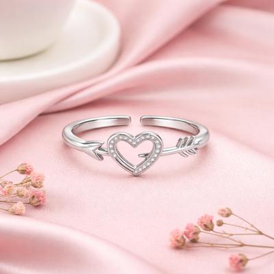 Heart Arrow Open Adjustable Ring – 925 Sterling Silver