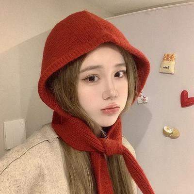 Korea Cute Women's Knitted Hood Scarf Little Red Hat Warm Ear Protection Cold Windproof Cap Winter Fashion Woolen Pullover Hat
