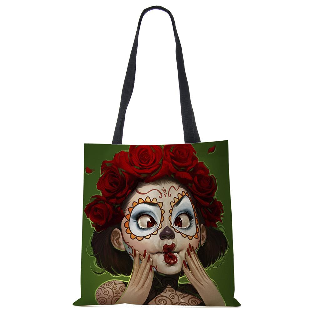 Unique Sugar Skull Print Tote Bags For Women Traveling Shoulder Bags Large Capacity Foldable Lady Printed Handbags CLE
