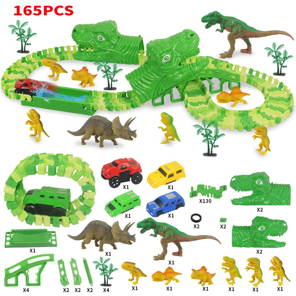 Electric 165pcs Dinosaur Rail Car Track Racing Toy Set Bend Flexible Track Race