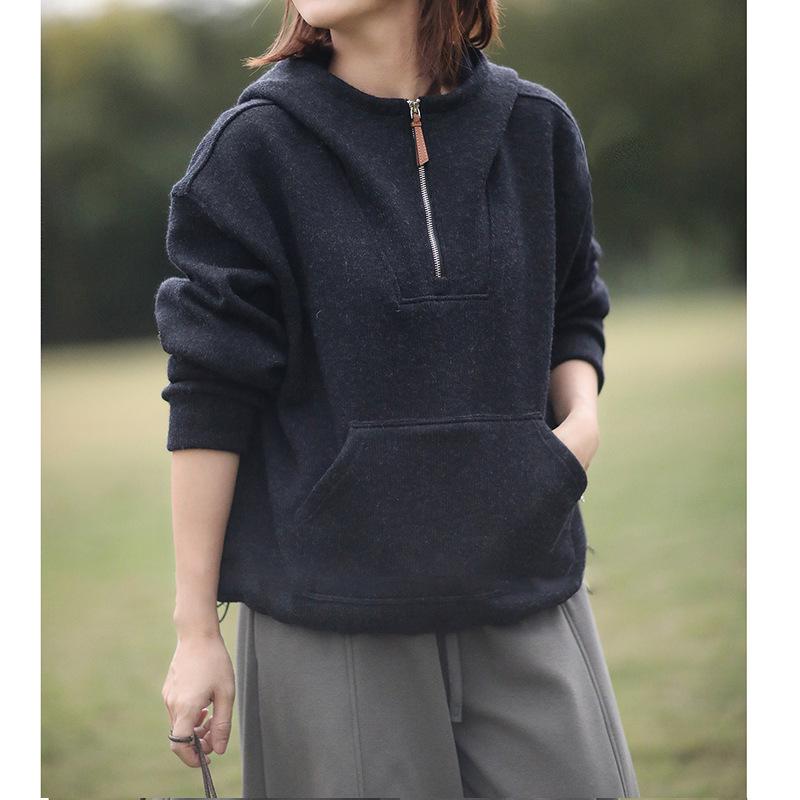 Women's Plus Velvet Thickened Hooded Sweatshirt - Autumn/Winter Casual Loose Slimming Fleece Top