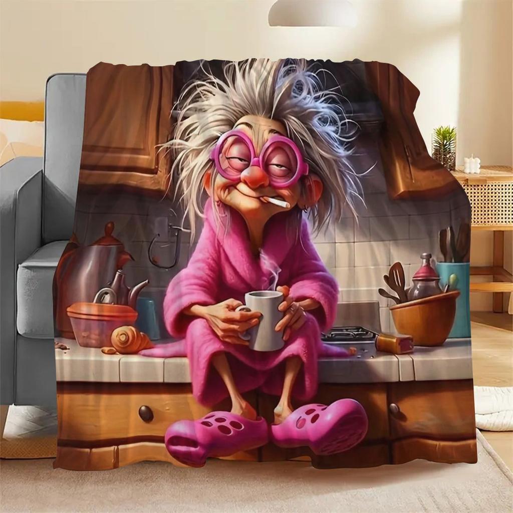 Whimsical Grandma Smoking and Drinking Coffee Throw Blanket - Retro Funny Art Print Cozy Soft Accent for Sofa Office Travel