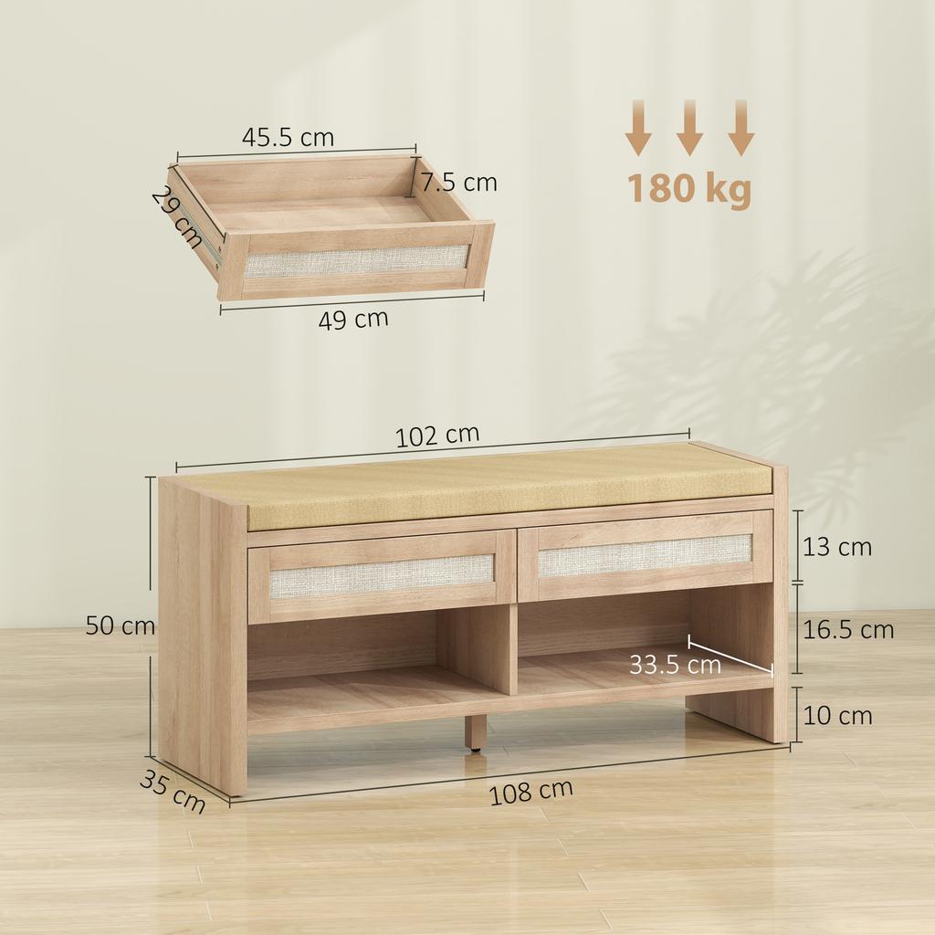 Boho Shoe Bench with 2 Rattan Drawers, Shoe Storage Bench with Cushioned Seat and Open Shelf Oak Wood Effect