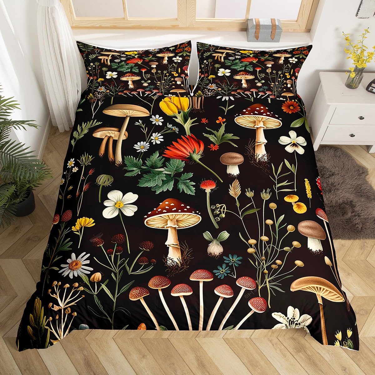 

Милый комплект постельного белья с грибами размера King Queen, ботанический пододеяльник с дикими грибами, пододеяльник с разноцветными листьями растений 155x215cm 3pcs