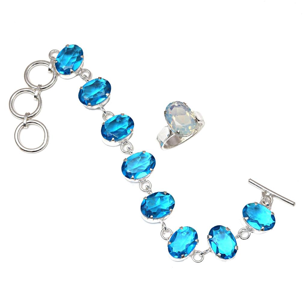 Swiss Blue Quartz Gemstone Women's Unisex Jewelry Bracelets & Rings 7-8''