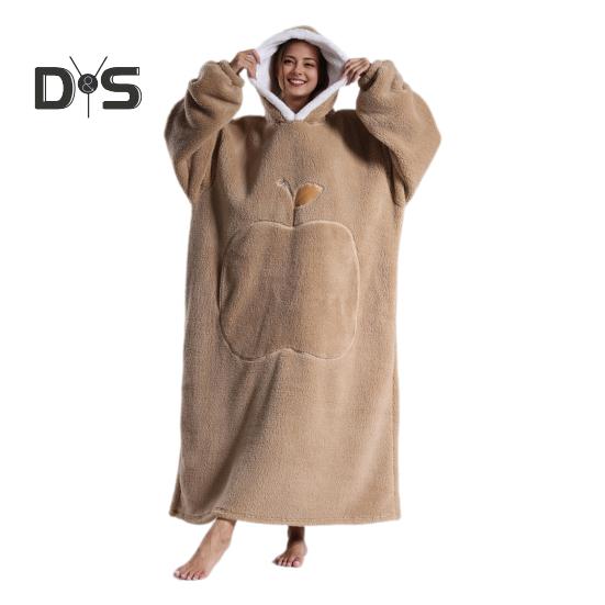 Winter Wearable Blanket Bathrobe with Big Pocket Thick Double-sided Fleece Loose Long Sleeves Pajamas Heat Retention Full Protection Home Lazy Sleeve