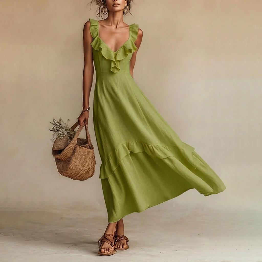 Women's Casual And Fashionable V-neck Lace-edged Flared Sleeve Dress