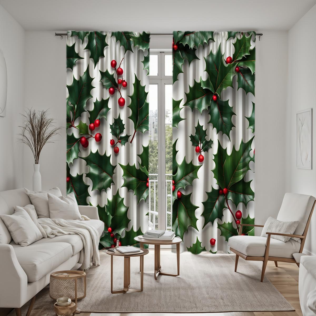 

2 шт. HD рождественских зеленых листьев с белой каймой и ягодами падуба занавеска Зеленая цифровая печать занавеска украшение дома стиль Decorat W52H63inchW132H160cm