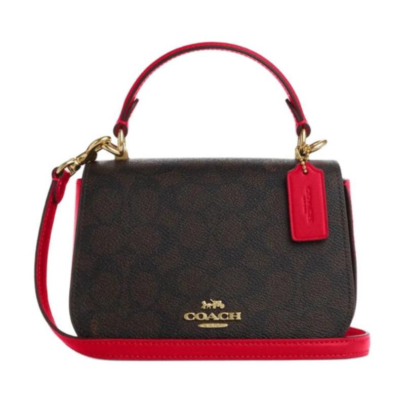 

COACH 17 brand signature snap closure coated canvas crossbody handbag small size women s black with red чорний